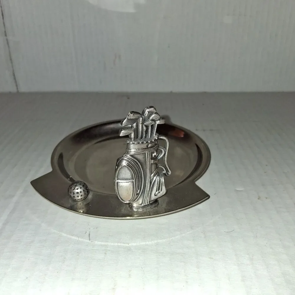 VTG 90’s Nickel Plated, Pewter Golf Theme Pocket Change Dish Golf Club Bag Ball